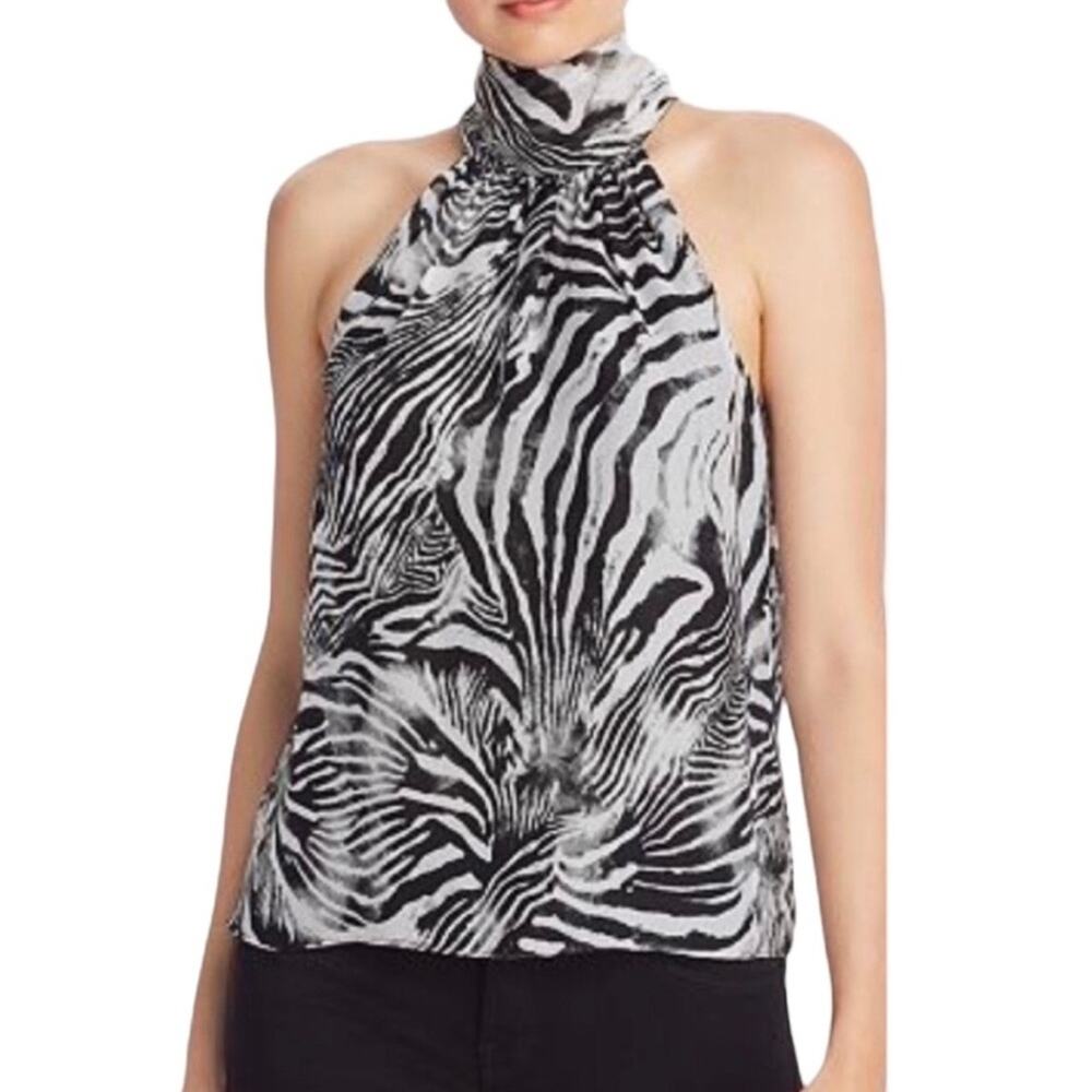 NWT RAMY BROOK Lori Zebra Print Silk Top bow back sz XS